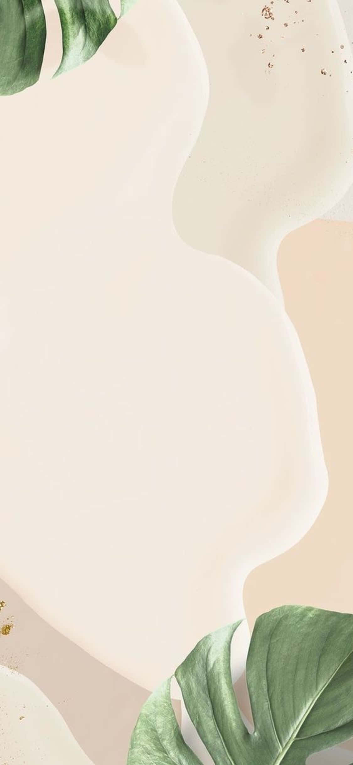 iPhone X Minimal 桌布 壁紙 — 柔和的米色和奶油色抽象波浪框住帶有金色斑點的茂盛綠色龜背竹葉。