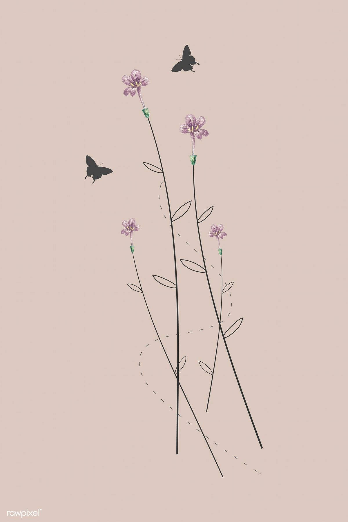 Minimalist Spring 桌布 壁紙 — 柔和的米色背景上，精緻的紫色花朵與黑色蝴蝶翩翩起舞。