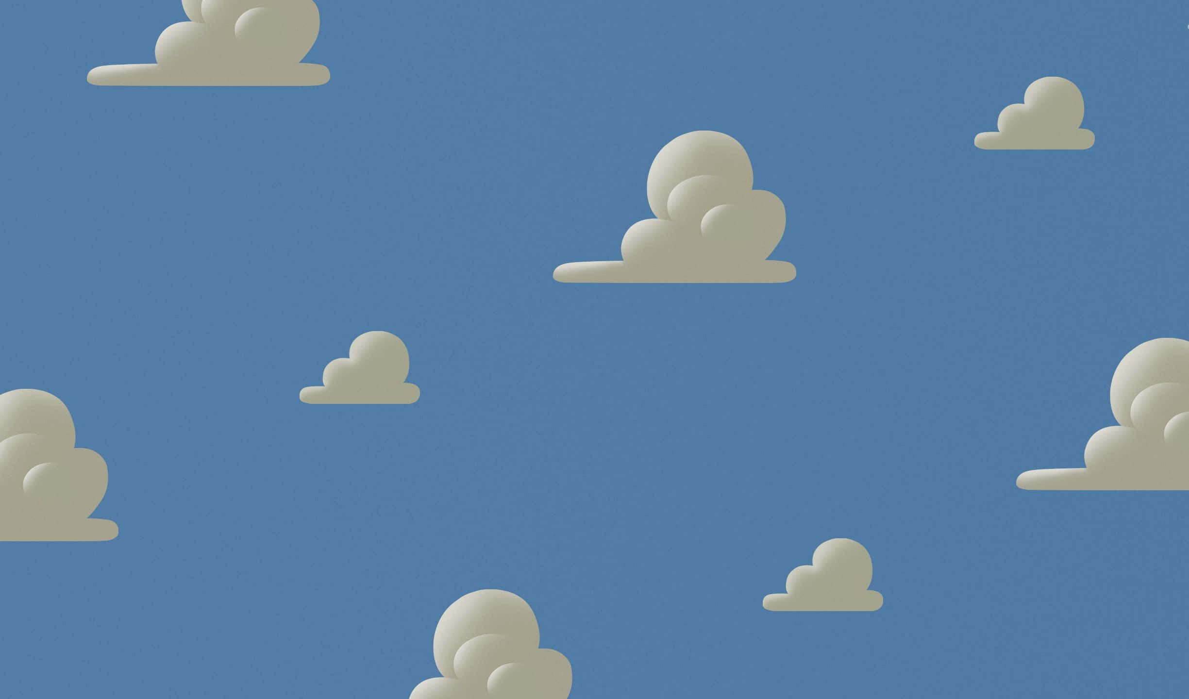 Toy Story Cloud 桌布 壁紙 — 柔和的米色雲朵平靜地漂浮在寧靜的藍色天空上，是一幅極簡數位插畫。
