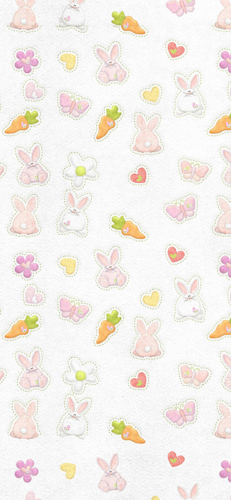 Pink Bunny 桌布 壁紙 — 柔和的粉彩壁紙圖案，以縫線輪廓在紋理白色背景上呈現可愛的兔子、胡蘿蔔、花朵和愛心。