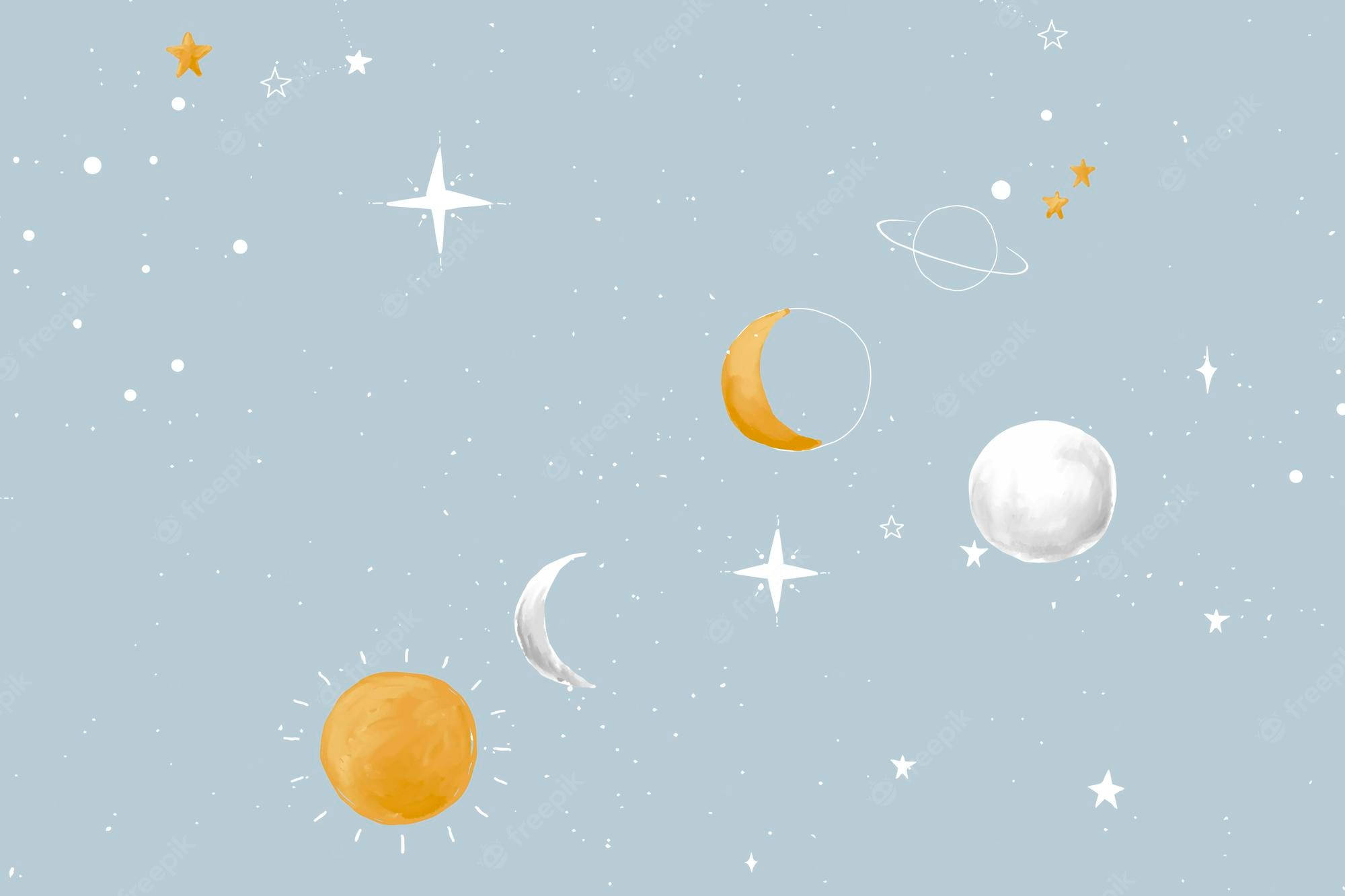 Illustration Art 桌布 壁紙 — 柔和的粉彩天空，充滿了風格化的天體，包括太陽、月亮、行星和星星，構成一個異想天開的宇宙場景。