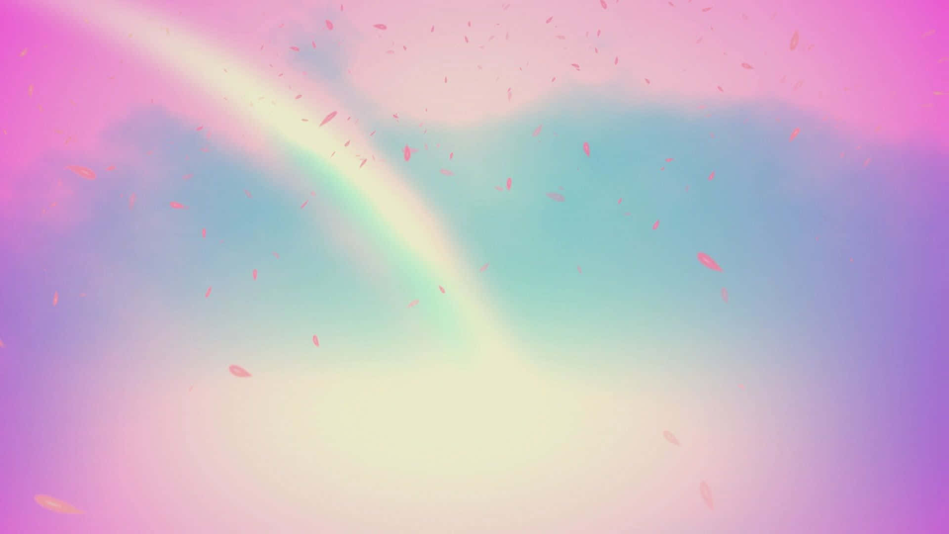 彩虹美學 桌布 壁紙 — 柔和的粉彩天空，搭配一條溫柔的彩虹和漂浮的粉紅色花瓣，營造出夢幻空靈的氛圍。