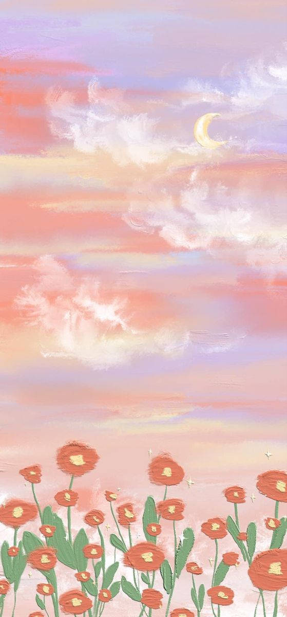 Orange Floral 桌布 壁紙 — 柔和的粉彩天空，有新月和 fluffy 雲，在黃昏時分飄在橙色罌粟花田上方。