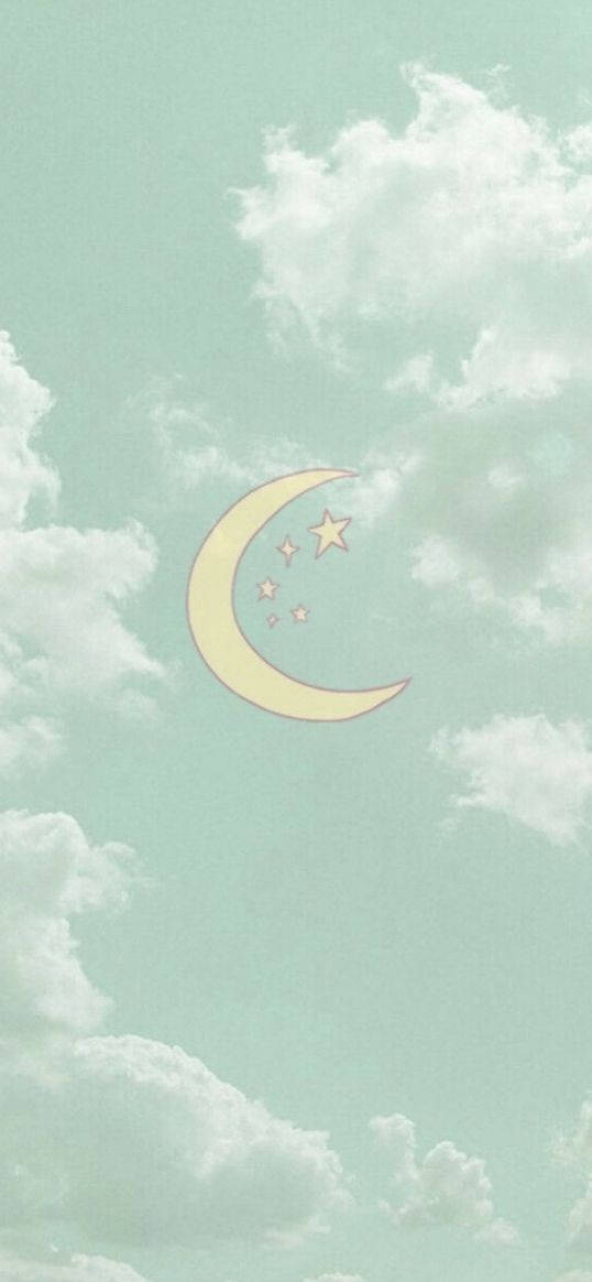 Crescent Moon 桌布 壁紙 — 柔和的粉彩天空，有蓬鬆的白雲，還有精緻的黃色新月和小星星。
