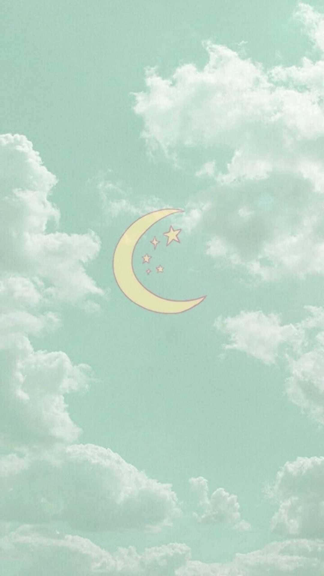 Stars 桌布 壁紙 — 柔和的粉彩天空有蓬鬆的白色雲朵，有一個風格化的黃色新月和星星。