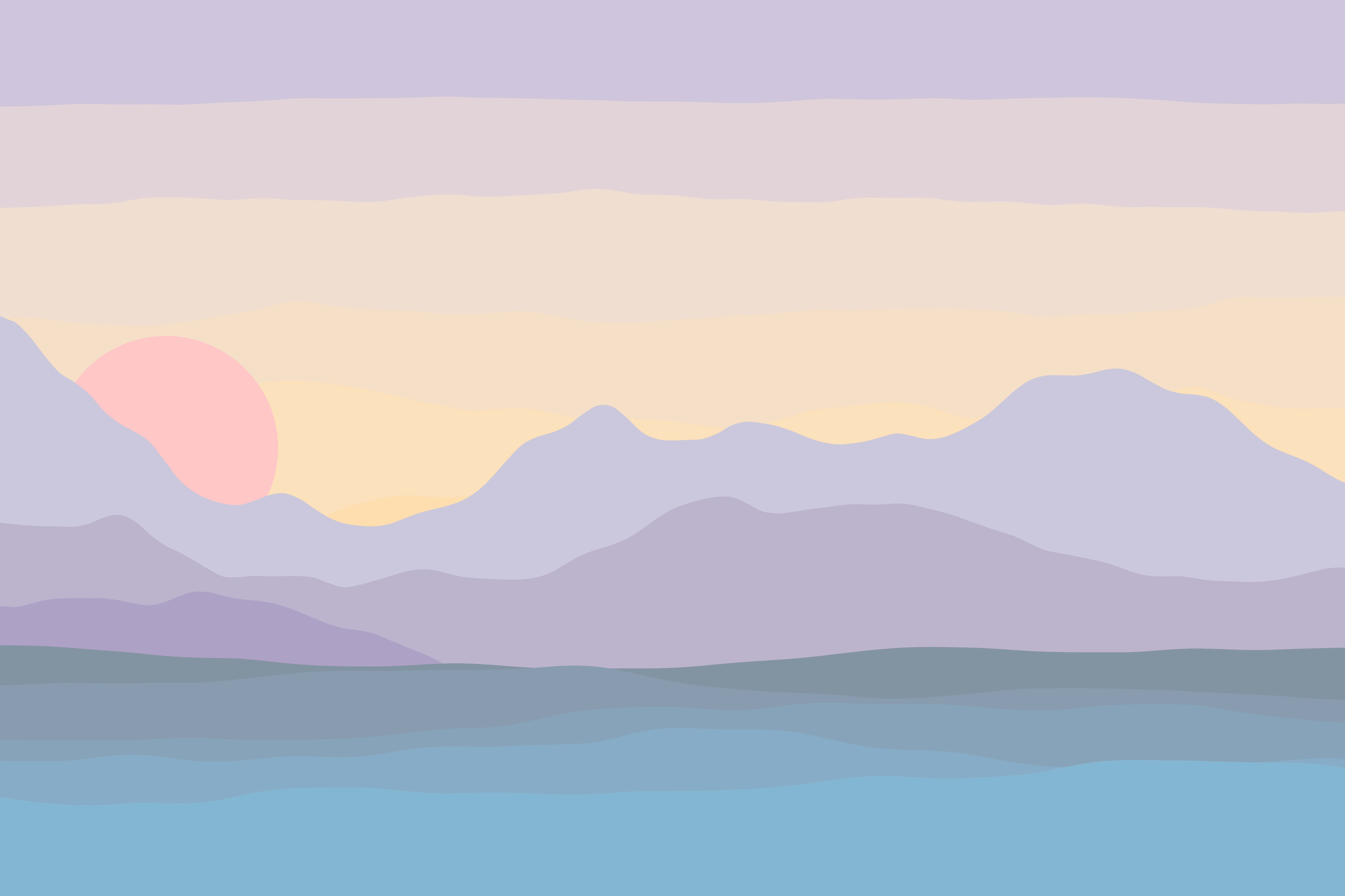 Minimalist Colorful 桌布 壁紙 — 柔和的粉彩山脈在粉紅色的太陽後方升起，下方是平靜的藍色水面，上方是薰衣草色的天空。