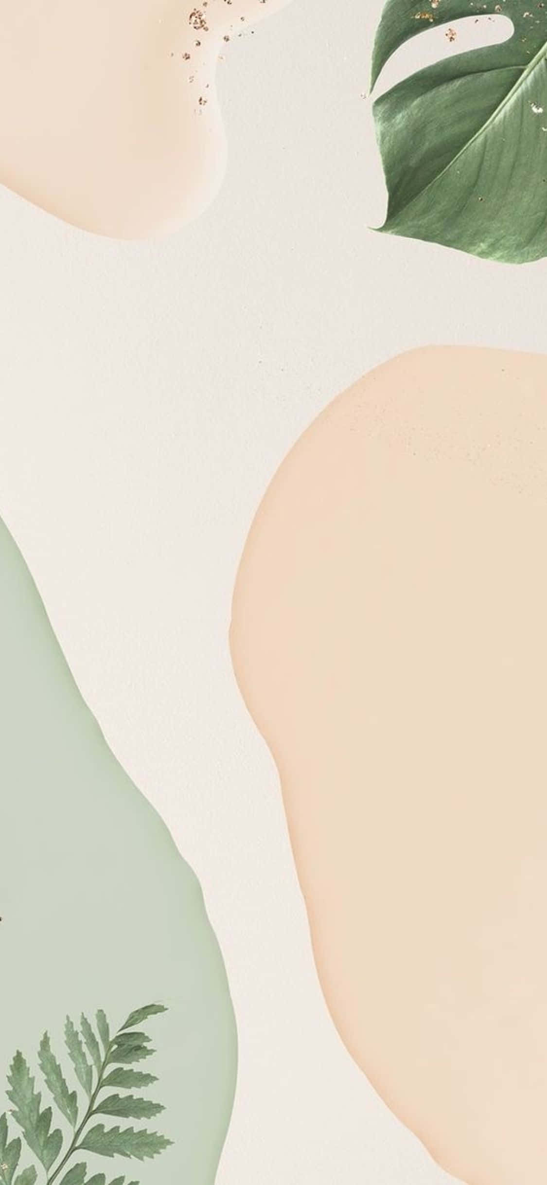 Beige Minimalist 桌布 壁紙 — 柔和的粉彩形狀和熱帶葉片創造出寧靜的極簡植物壁紙。