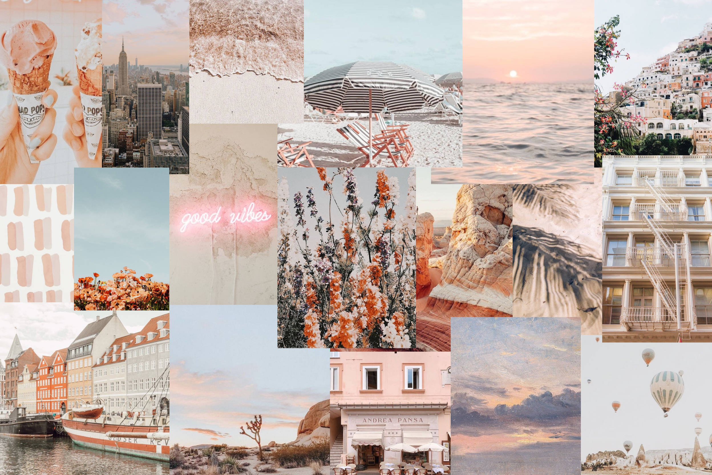 Travel Desktop 桌布 壁紙 — 柔和的粉彩拼貼，包含全球旅行的瞬間，包括冰淇淋甜筒、城市景觀、沙灘和日落。