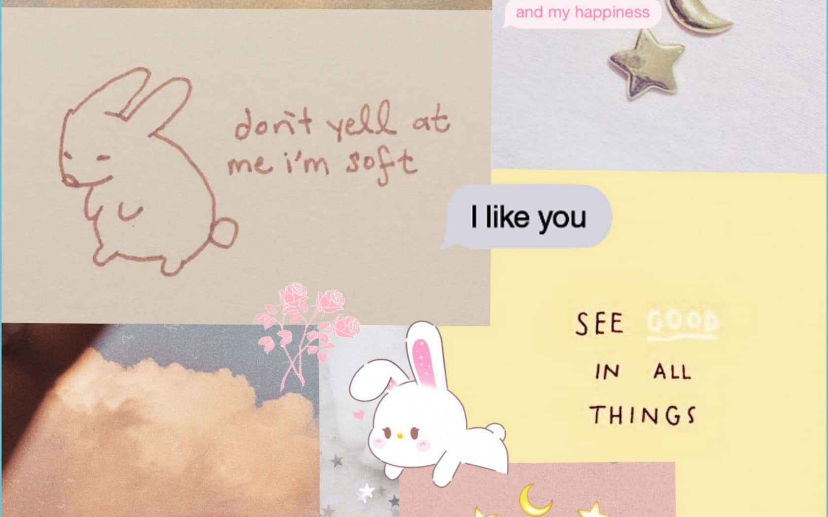 Girl Aesthetic Desktop 桌布 壁紙 — 柔和的粉彩拼貼，包含可愛的兔子插圖、手寫短語如 'don't yell at me i'm soft' 和 'I like you'，以及裝飾性的星星和花朵。
