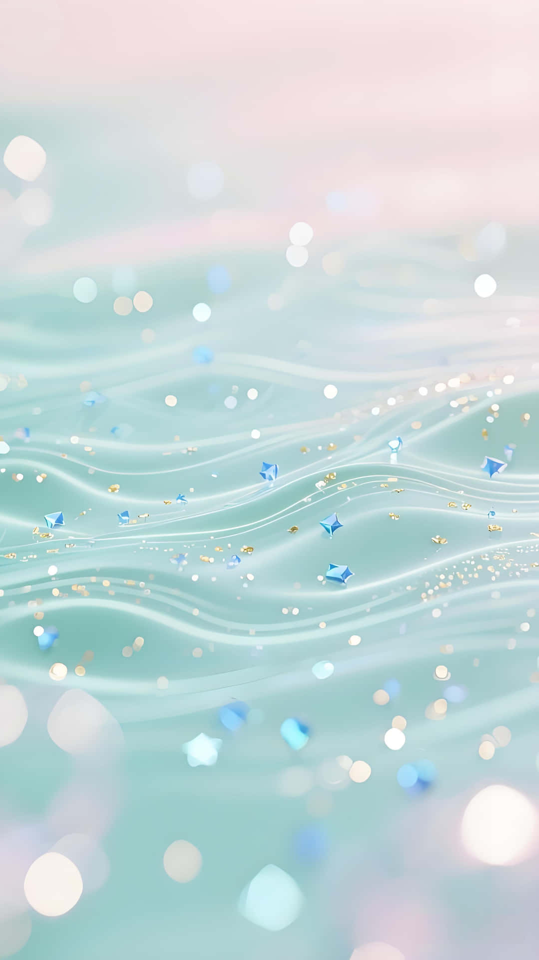 Pastel Waves & Stars: Dreamy Fresh Sparkle Wallpaper 壁紙 — 柔和的粉彩波浪在夢幻漸變天空下泛起漣漪，散落著藍色星星和金色閃粉顆粒。