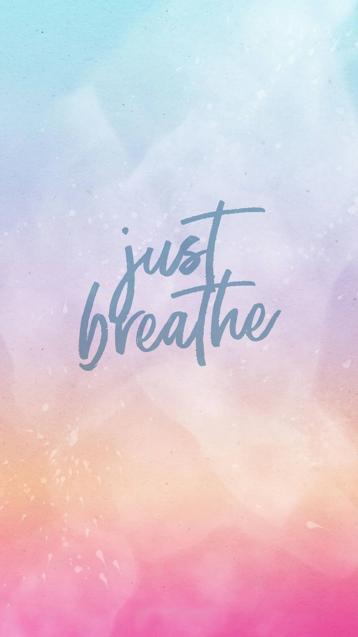 Breathing 桌布 壁紙 — 柔和的粉彩漸變背景，上面有手寫文字「just breathe」，周圍有溫柔的閃爍效果。