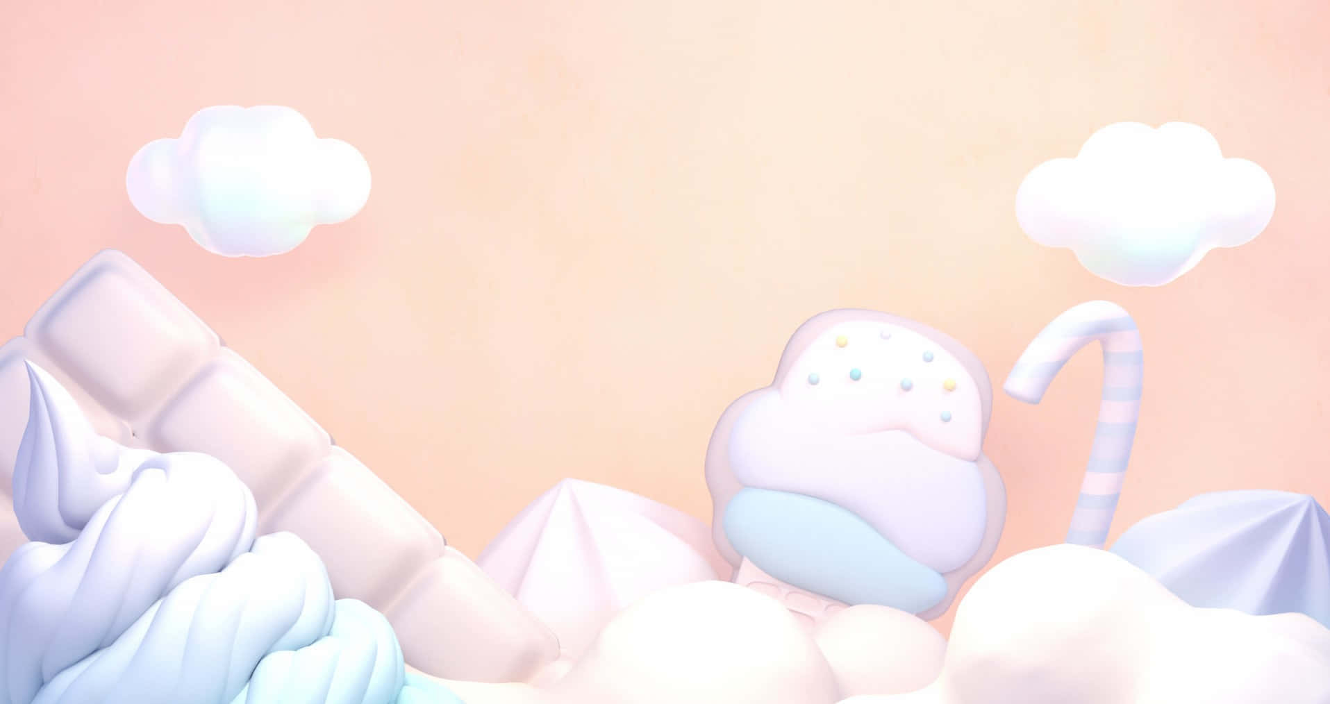 Candy Land 桌布 壁紙 — 柔和的粉彩甜品在蓬鬆的雲朵間夢幻般漂浮，映襯著溫柔的蜜桃色天空。