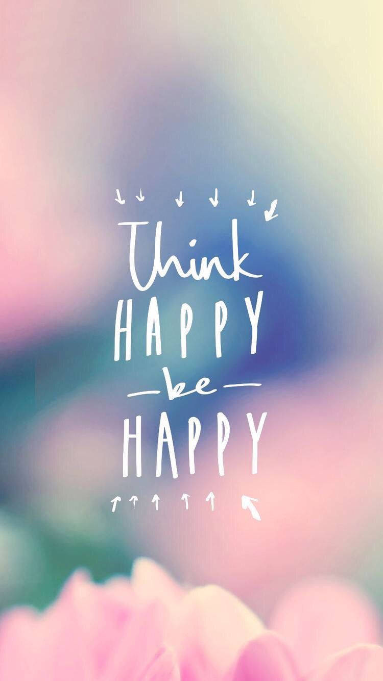 快樂 桌布 壁紙 — 柔和的粉彩背景，白色手寫字句「Think HAPPY be HAPPY」被箭頭包圍。