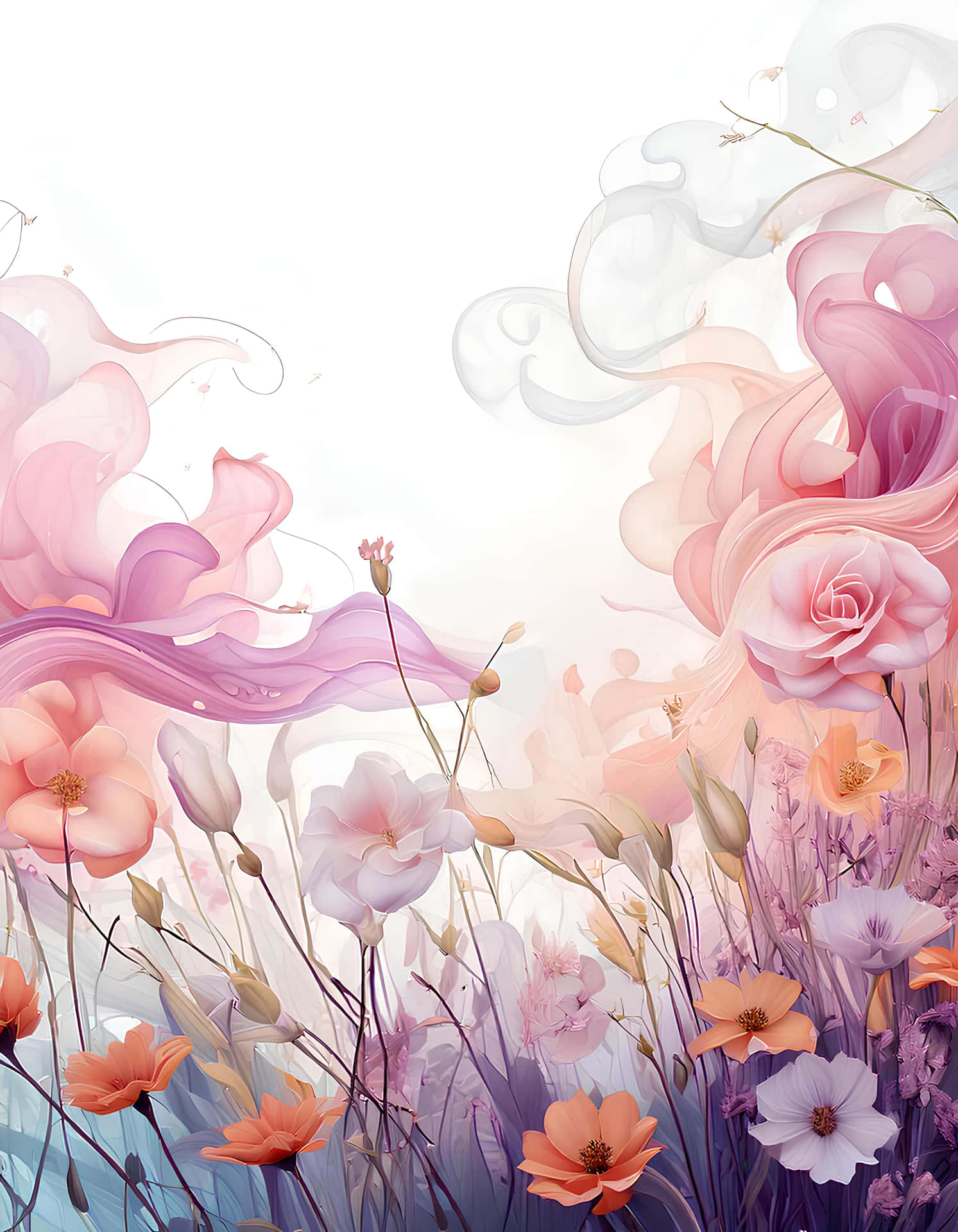 Flowers 壁紙 — 柔和的粉彩花朵和旋轉的花瓣在明亮通風的背景下以柔和的色調盛開。