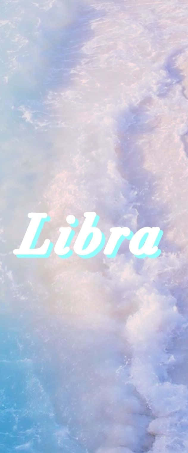 星座 桌布 壁紙 — 柔和的粉彩雲朵在溫柔的波浪中旋轉，Libra 一詞以青色字體發光。
