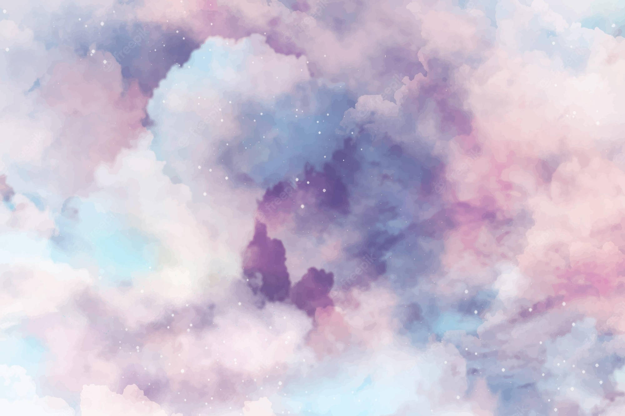 pastel 桌布 壁紙 — 柔和的粉紅、紫色和藍色粉彩雲朵與閃爍星星旋轉，營造出夢幻的天體場景。