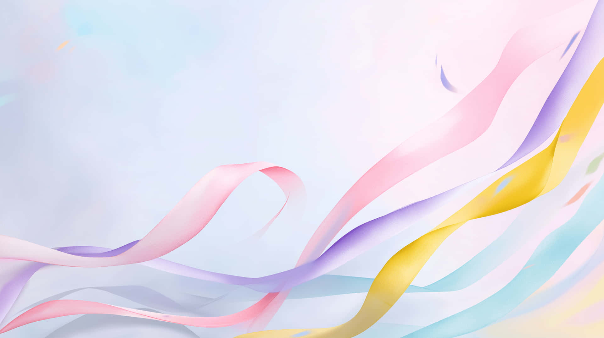 Floating Abstract Ribbons in a Soft Dreamy Ambiance 壁紙 — 柔和的粉紅、紫色和黃色粉彩絲帶在淺藍色漸變背景上優雅地飄動。