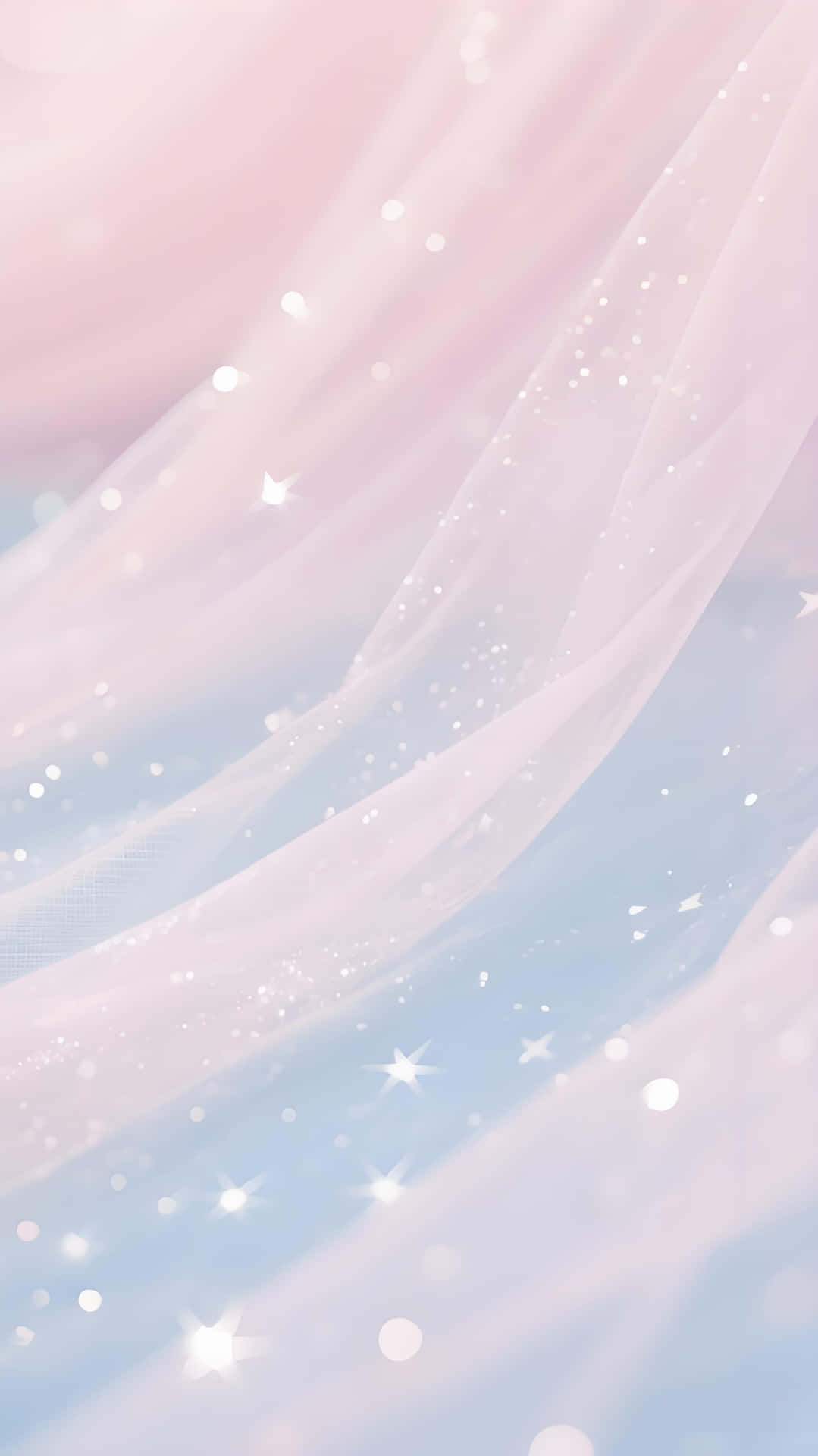Delicate Sparkle Tulle Wallpaper 壁紙 — 柔和的粉紅和藍色漸層布料流動，帶有閃爍星光散景效果。
