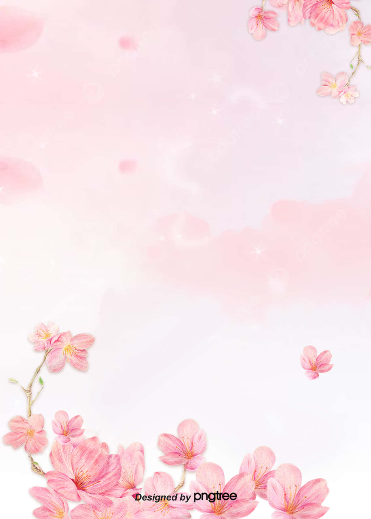 Blush Pink 桌布 壁紙 — 柔和的粉紅櫻花框住了夢幻水彩背景的角落，帶有柔和散景和飄落的花瓣。