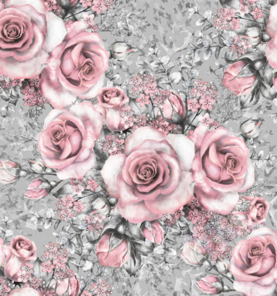 Gray And Pink 桌布 壁紙 — 柔和的粉紅玫瑰和精緻的花朵在柔和的灰色背景上盛開，形成茂盛的花卉圖案。
