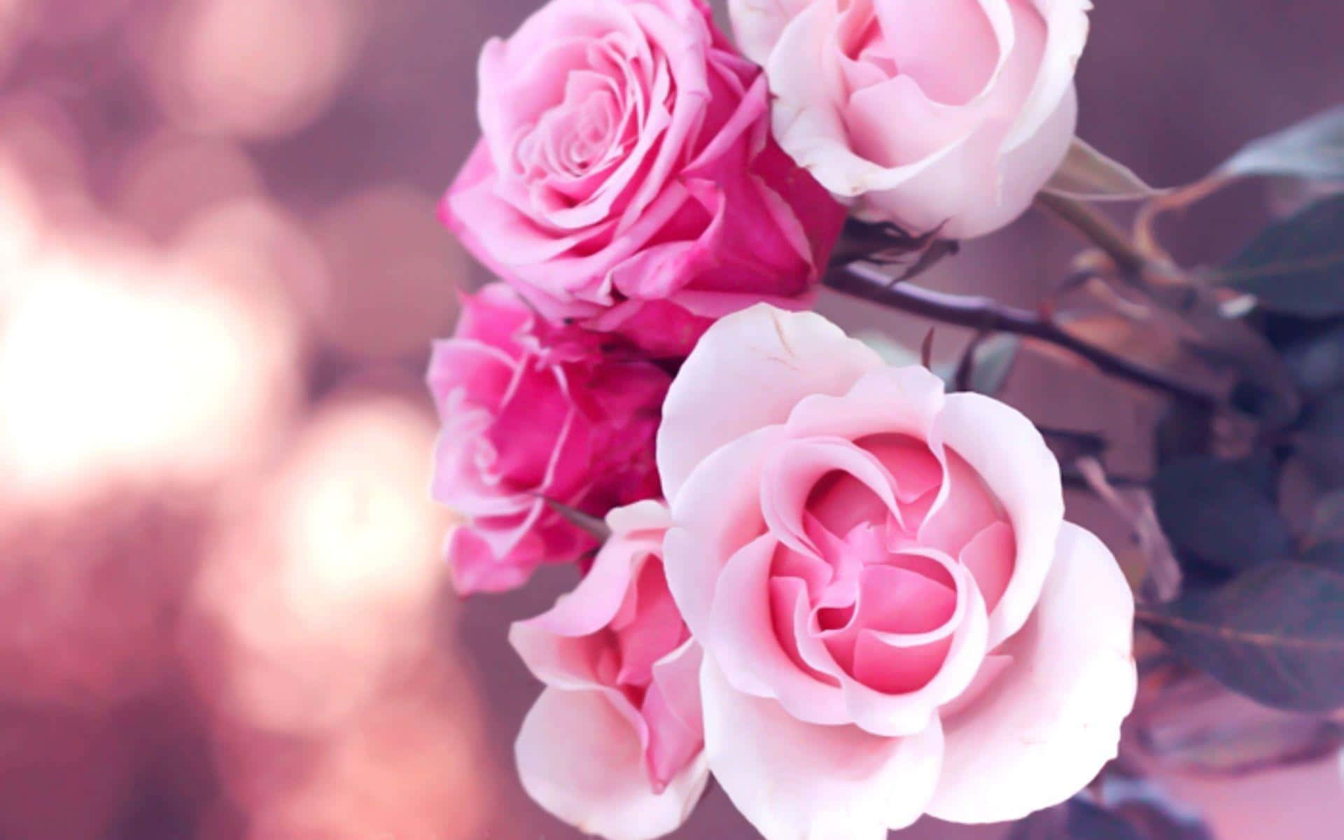 Pink Rose 桌布 壁紙 — 柔和的粉紅玫瑰在夢幻般的模糊背景和溫暖的散景燈光下，以柔和焦點盛開。