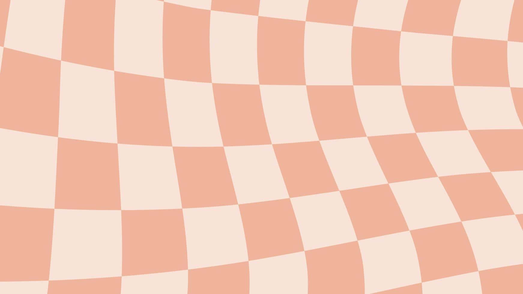 Checkered 桌布 壁紙 — 柔和的粉紅與奶油色棋盤圖案輕輕彎曲穿過框架，營造出舒緩的視錯覺。