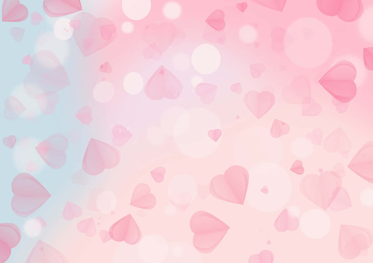 Heart Shape 桌布 壁紙 — 柔和的粉紅與藍色漸層背景，配上漂浮的半透明愛心和散景燈光，營造出夢幻浪漫的氛圍。
