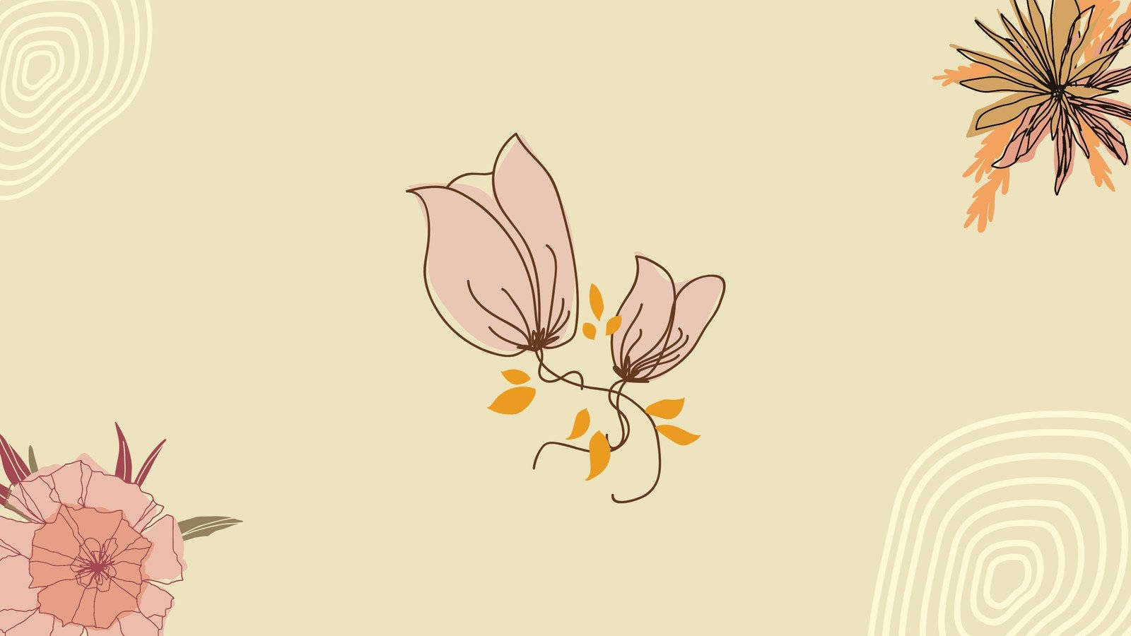 Minimalist Flower Computer 桌布 壁紙 — 柔和的粉紅色和橙色精緻手繪花朵，漂浮在帶有抽象螺旋圖案的奶油色米色背景上。