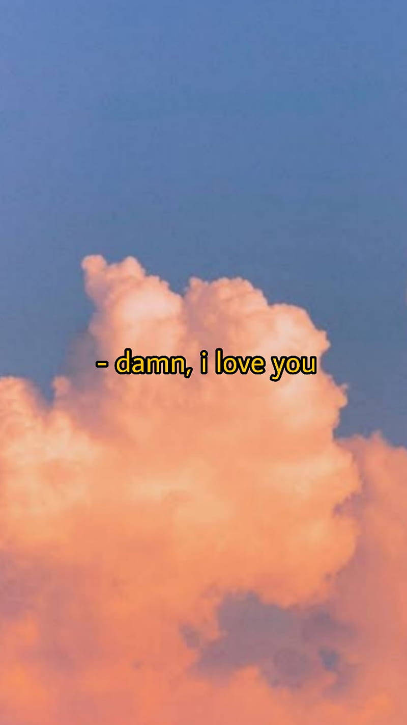 雲朵 桌布 壁紙 — 柔和的粉紅色和橙色雲朵，襯托著藍天，文字為 damn i love you。