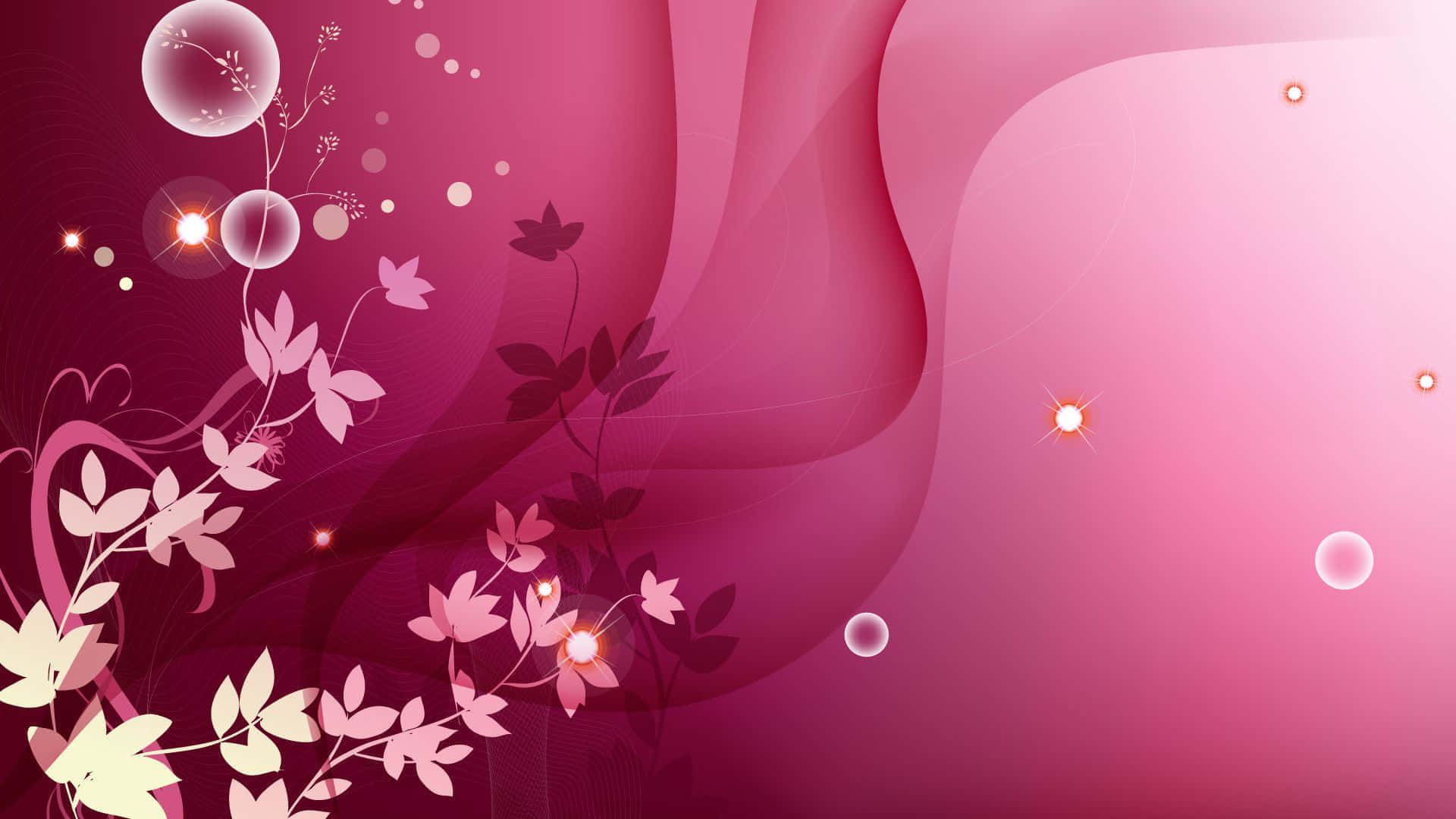 Pink Girly 桌布 壁紙 — 柔和的粉紅色和洋紅色抽象漩渦，飾以發光球體和精緻的花卉藤蔓，營造出夢幻的數位桌布。