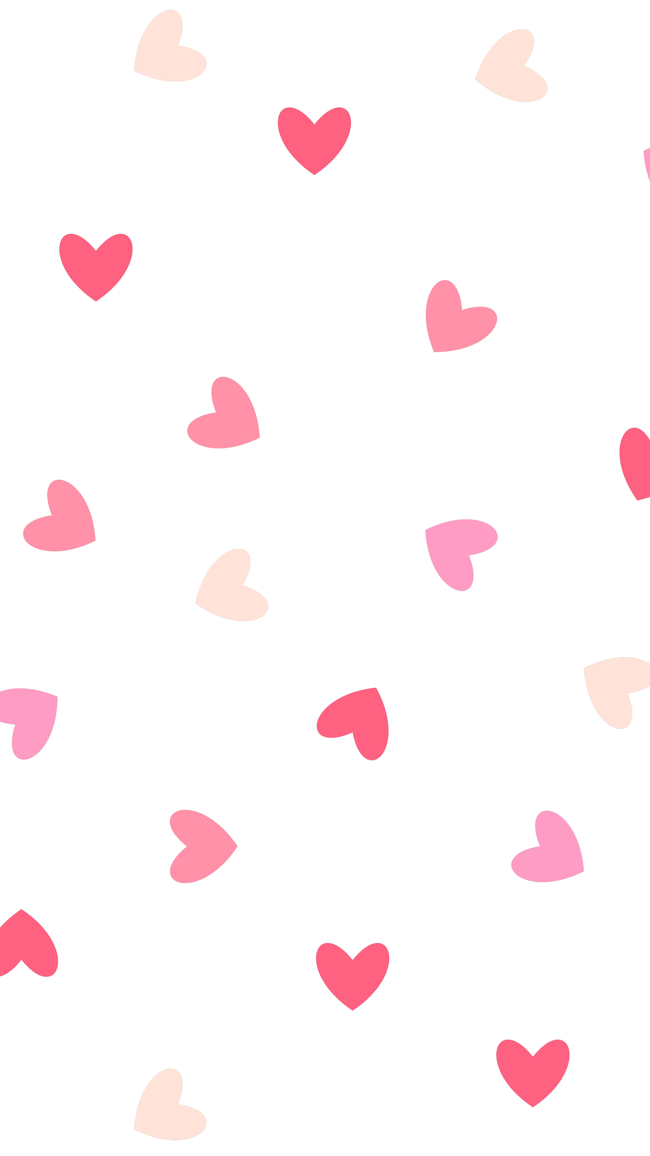 Valentines Day Phone 桌布 壁紙 — 柔和的粉紅色和珊瑚色心形在潔白的背景上以分散的圖案輕輕漂浮。