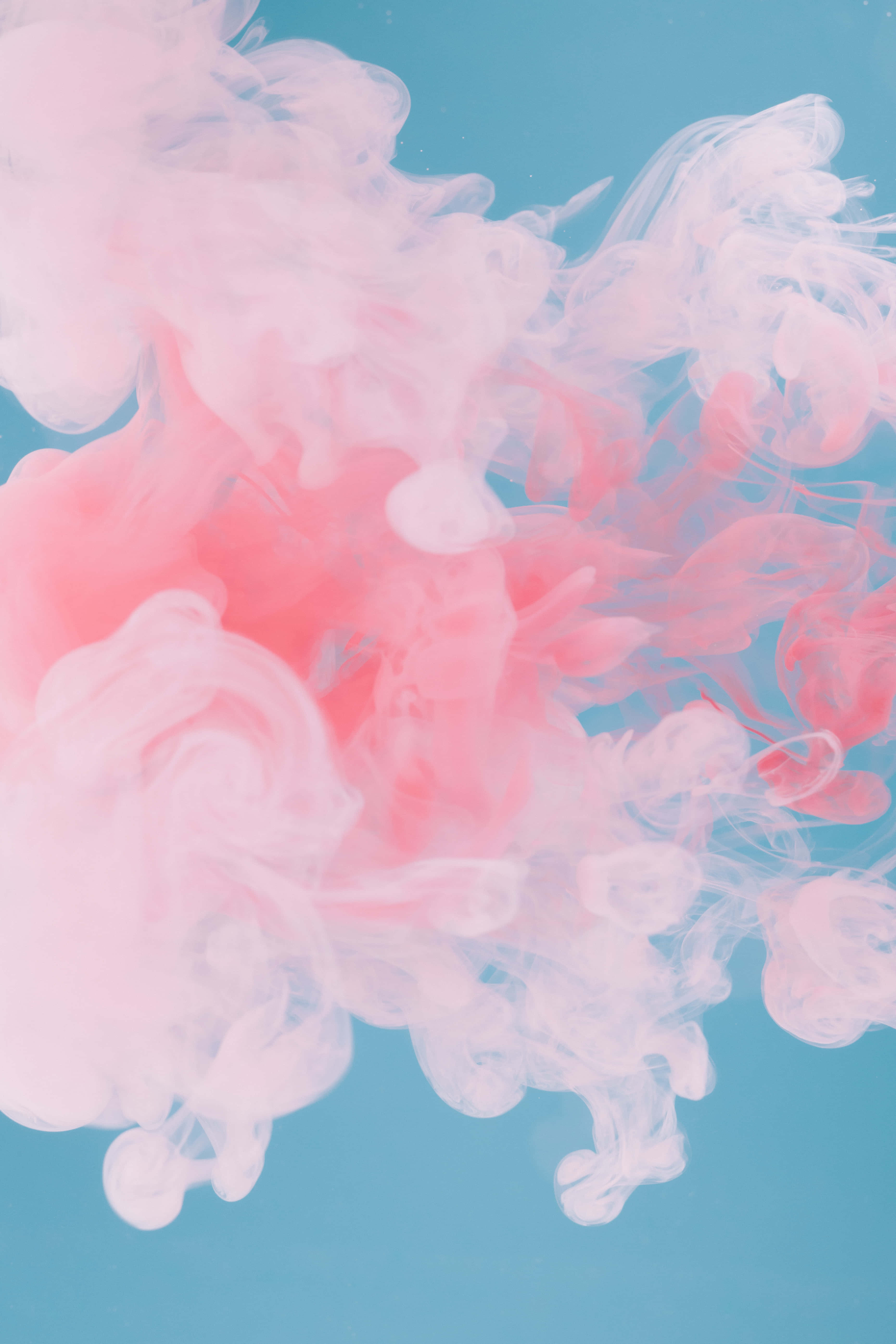 Pink Girly 桌布 壁紙 — 柔和的粉紅色和白色墨水優雅地旋轉，在寧靜的青色背景上形成流暢的抽象構圖。
