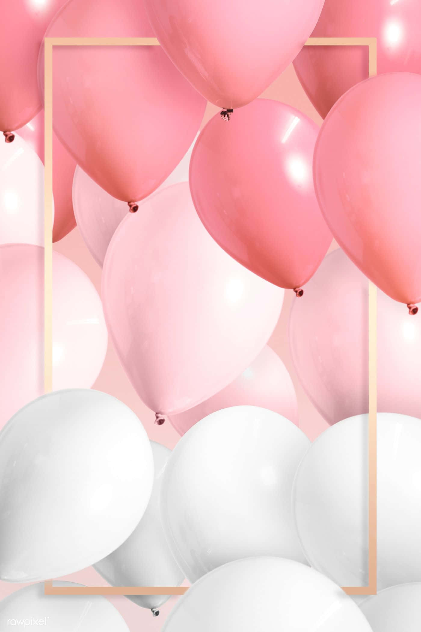 Pink Birthday 桌布 壁紙 — 柔和的粉紅色和白色氣球輕輕飄浮在金色幾何框架周圍，營造出夢幻的慶祝背景。