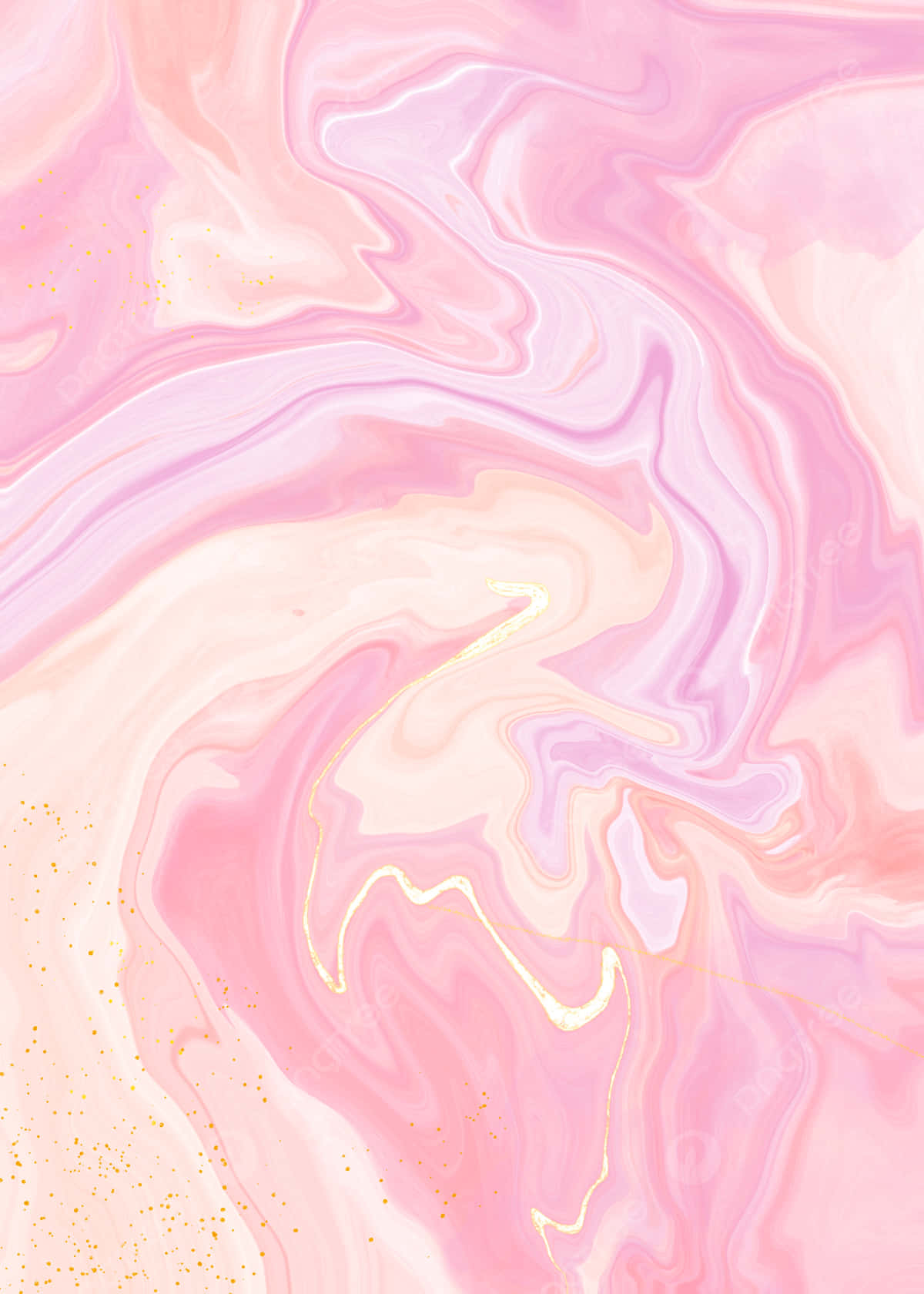 Pink Swirl 桌布 壁紙 — 柔和的粉紅色和白色漩渦配上金色亮粉，營造出夢幻般的抽象大理石紋理。