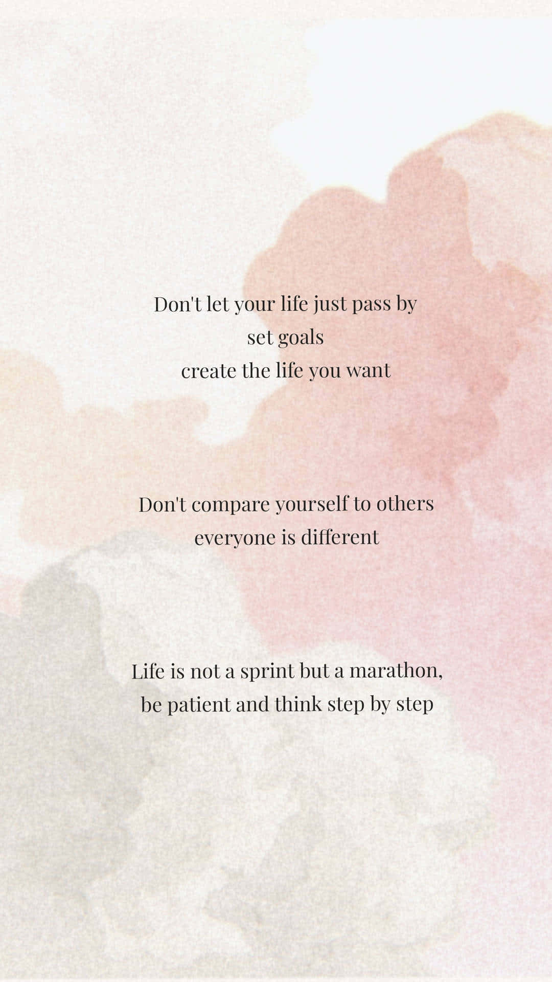 Minimalist Quote 桌布 壁紙 — 柔和的粉紅色和米色水彩渲染框住關於設定目標和耐心的勵志文字。