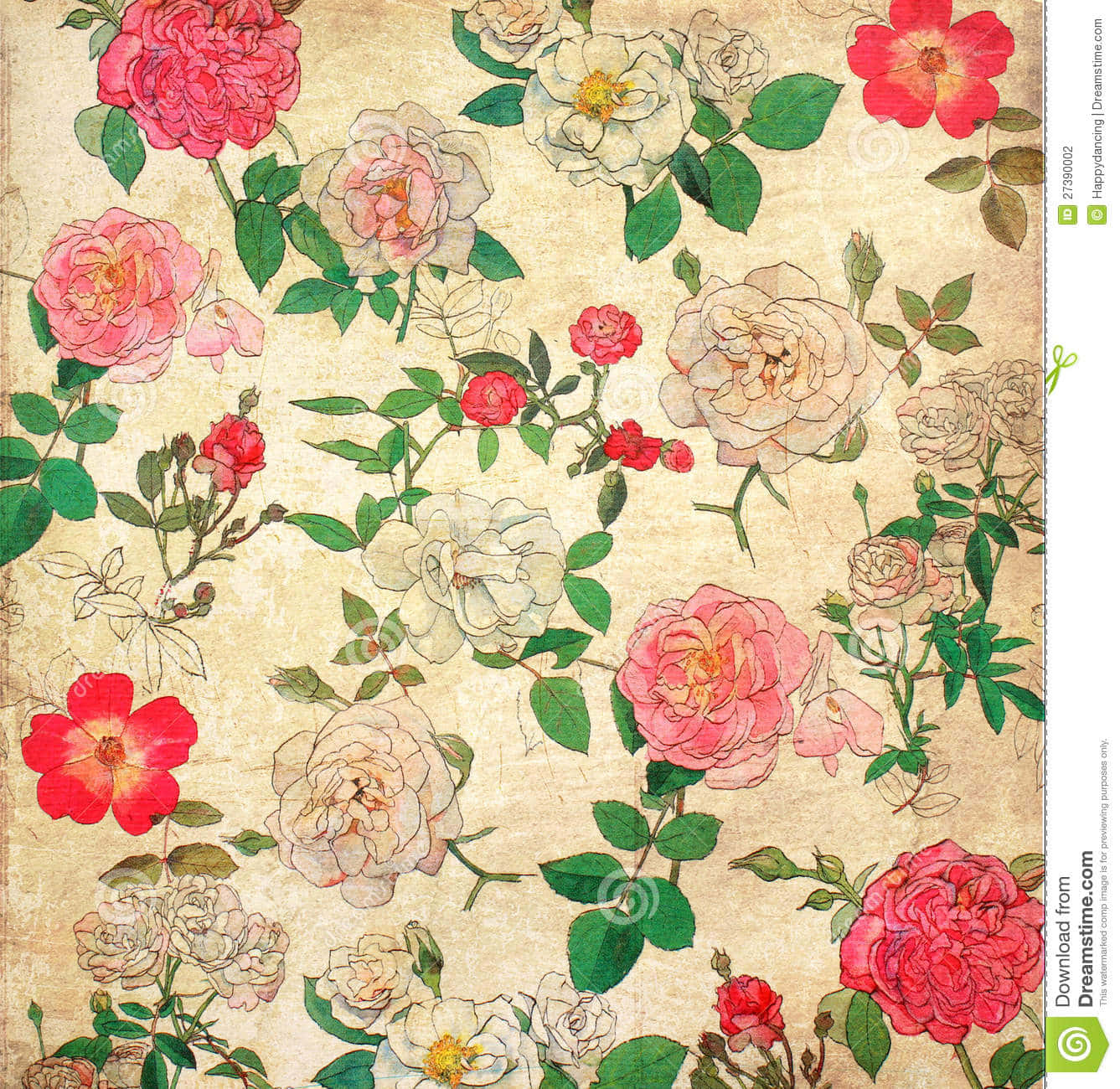 Vintage Flower 桌布 壁紙 — 柔和的粉紅色和紅色復古玫瑰在帶有紋理的羊皮紙背景上綻放，搭配綠色葉子和精緻的莖。
