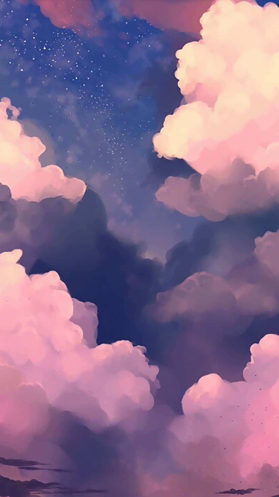 Clouds Aesthetic Tumblr 桌布 壁紙 — 柔和的粉紅色和紫色雲彩在星光暮色天空中飄蕩，如夢似幻的數位繪畫。