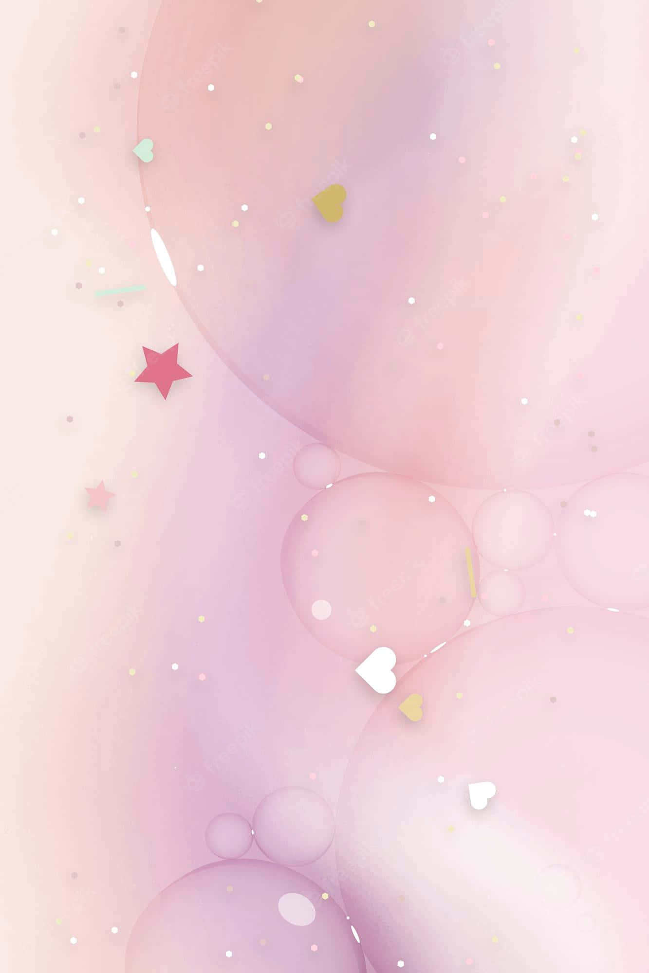 Beautiful Girly 桌布 壁紙 — 柔和的粉紅色和薰衣草色泡泡漂浮著，散落著閃閃發光的心形和星星，構成夢幻般的抽象構圖。