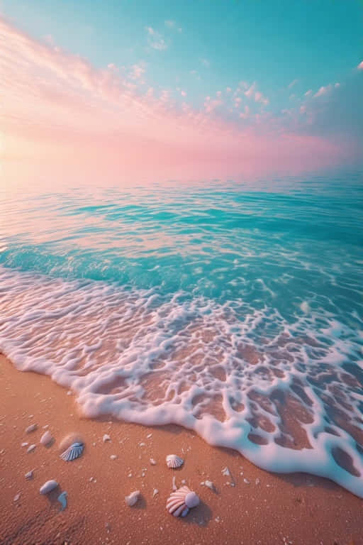 Dreamy Ocean Sunset with Gentle Waves and Seashells 壁紙 — 柔和的粉紅色和藍綠色海浪輕輕拍打著日落時分散落著貝殼的金色沙灘。