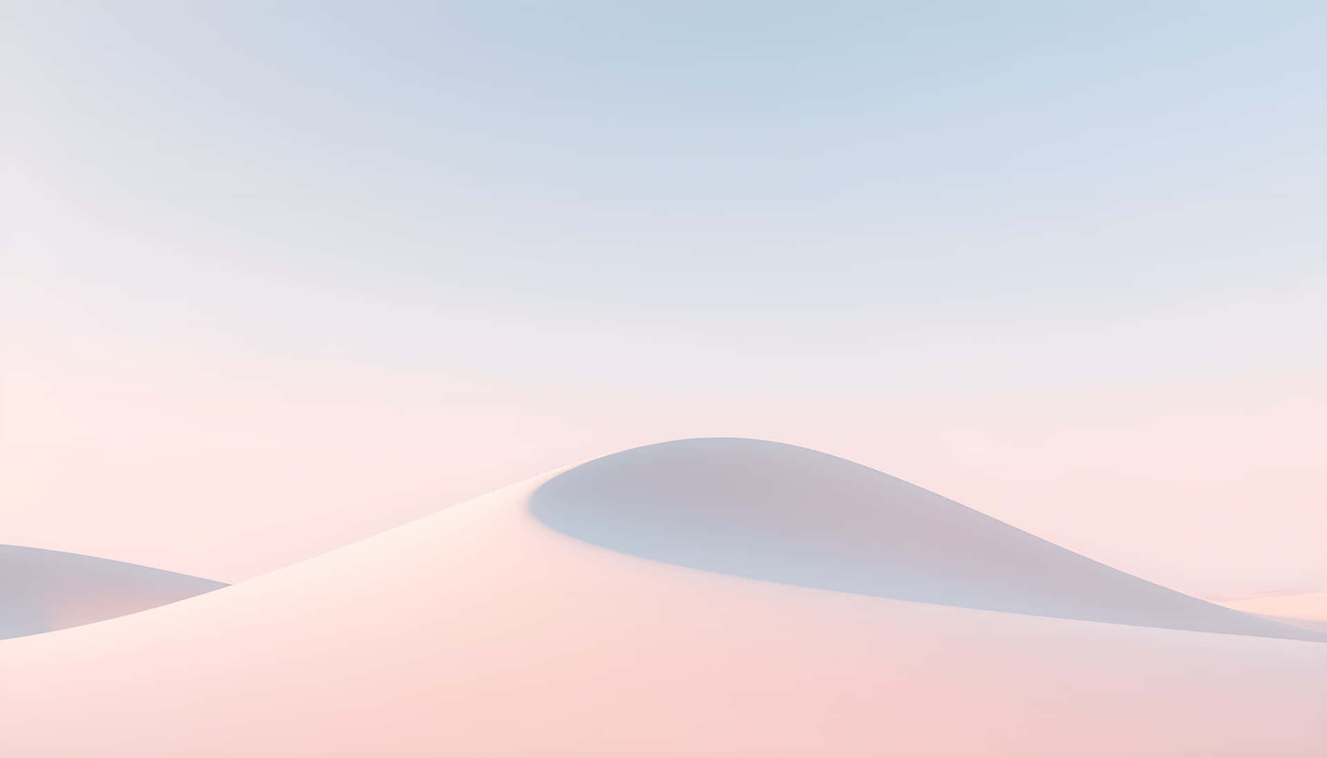 Minimalist Pastel Geometry with Calm Aesthetic 壁紙 — 柔和的粉紅色和藍色沙丘在朦朧的天空下輕輕彎曲，形成極簡沙漠景觀。