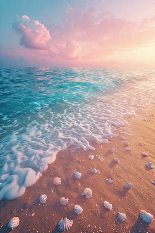 Dreamy Ocean Sunset with Gentle Waves and Seashells 壁紙 — 柔和的粉紅色和金色夕陽色調描繪了天空，下方是藍綠色的海浪輕輕拍打著散落白色貝殼的沙灘。