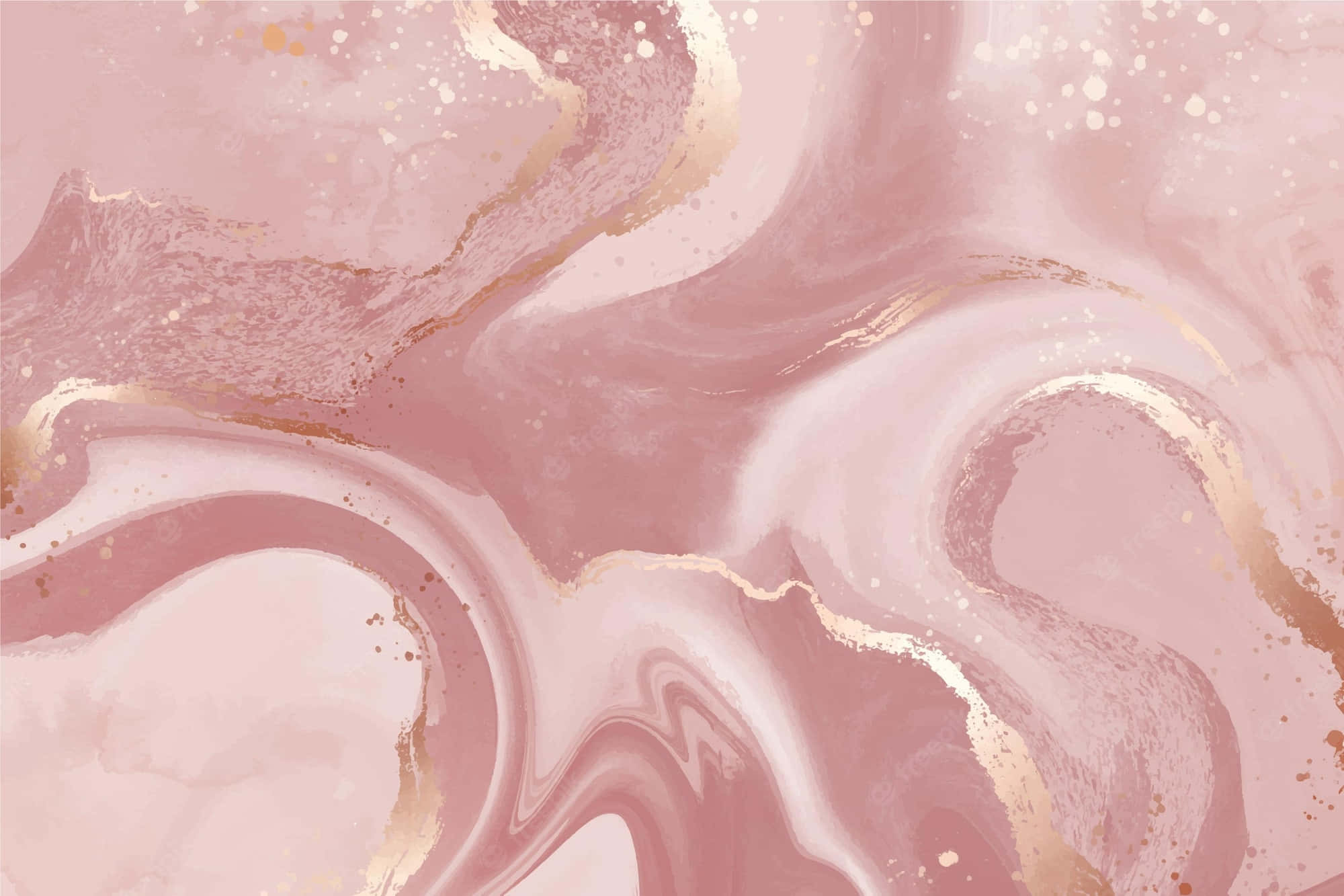 Pink And Gold 桌布 壁紙 — 柔和的粉紅色和金色抽象漩渦，帶有閃閃發光的斑點，營造出奢華流動的背景。