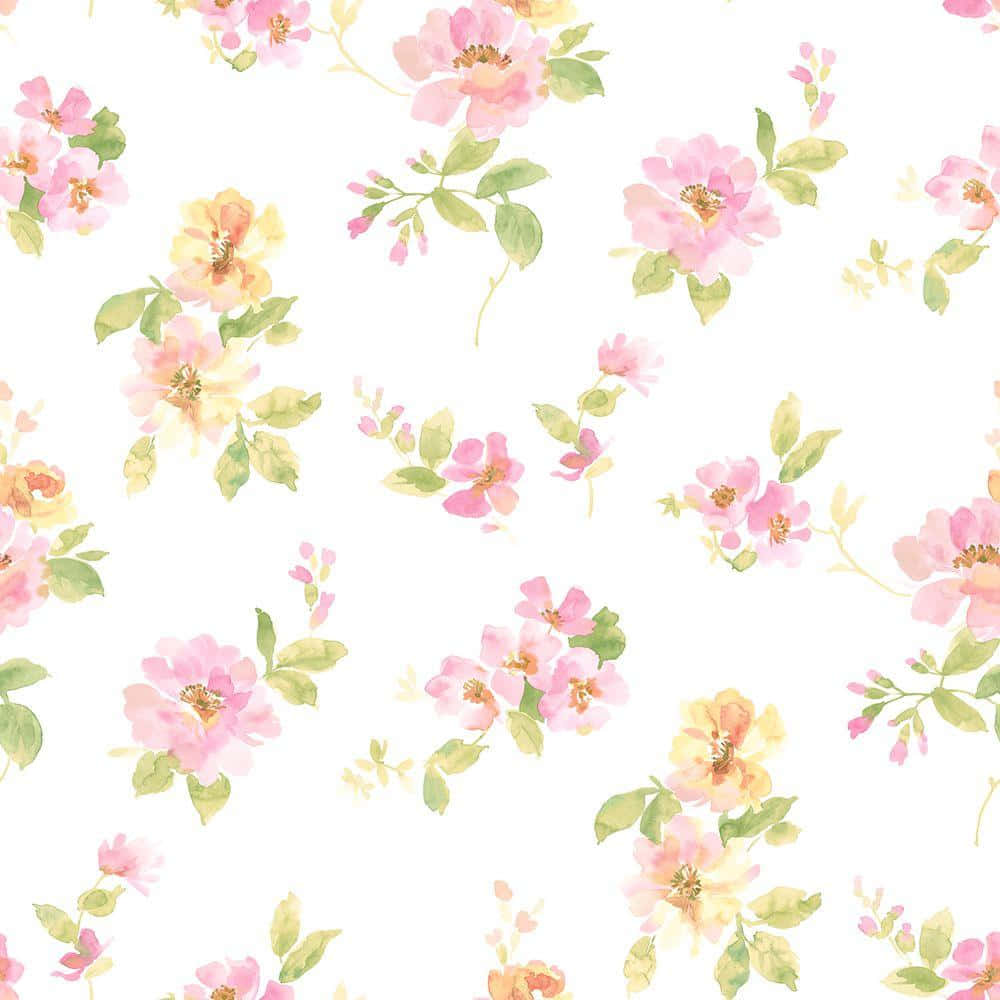Watercolor Flower 桌布 壁紙 — 柔和的粉紅色和黃色水彩花朵在潔白的背景上盛開，搭配精緻的綠葉。