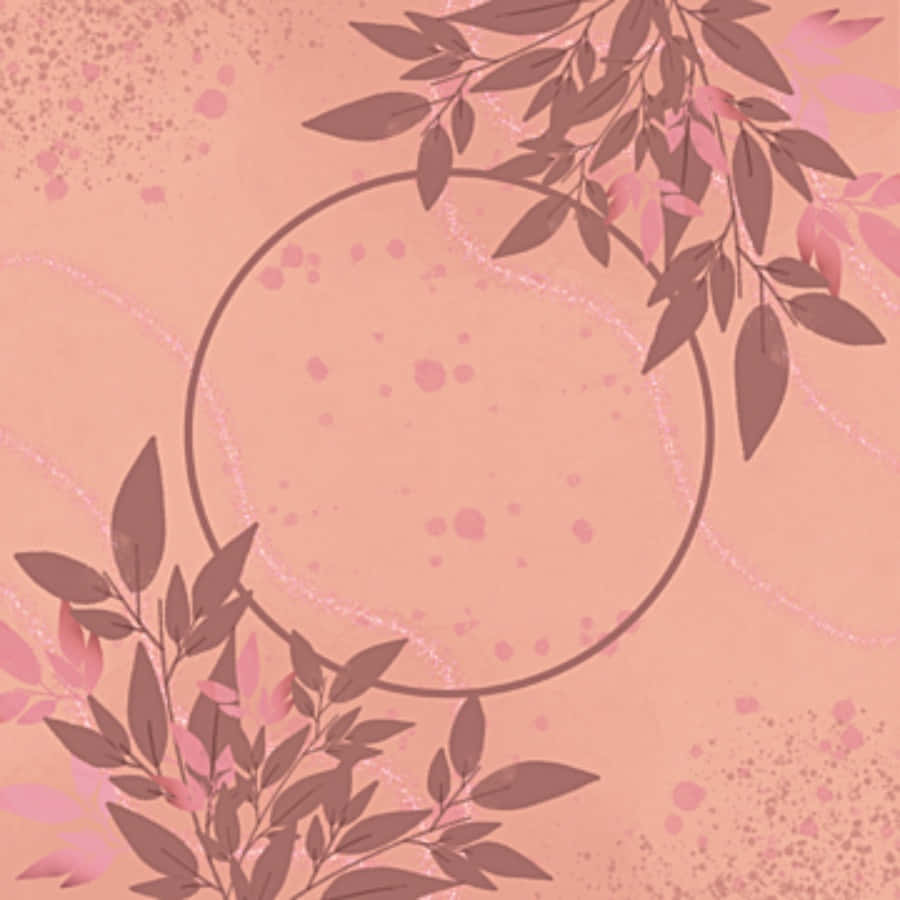 Peach Aesthetic 桌布 壁紙 — 柔和的粉紅色壁紙，帶有精緻的樹葉枝條，環繞著中央圓圈和閃爍的亮粉點綴。