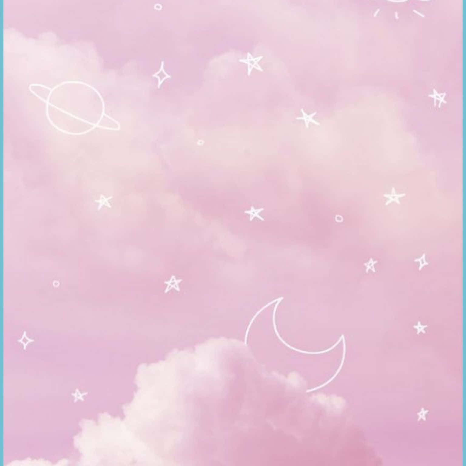 Pink Cute 桌布 壁紙 — 柔和的粉紅色天空，有蓬鬆的雲朵和白色輪廓的星星、月亮和行星，在夢幻的粉彩天堂中輕輕漂浮。
