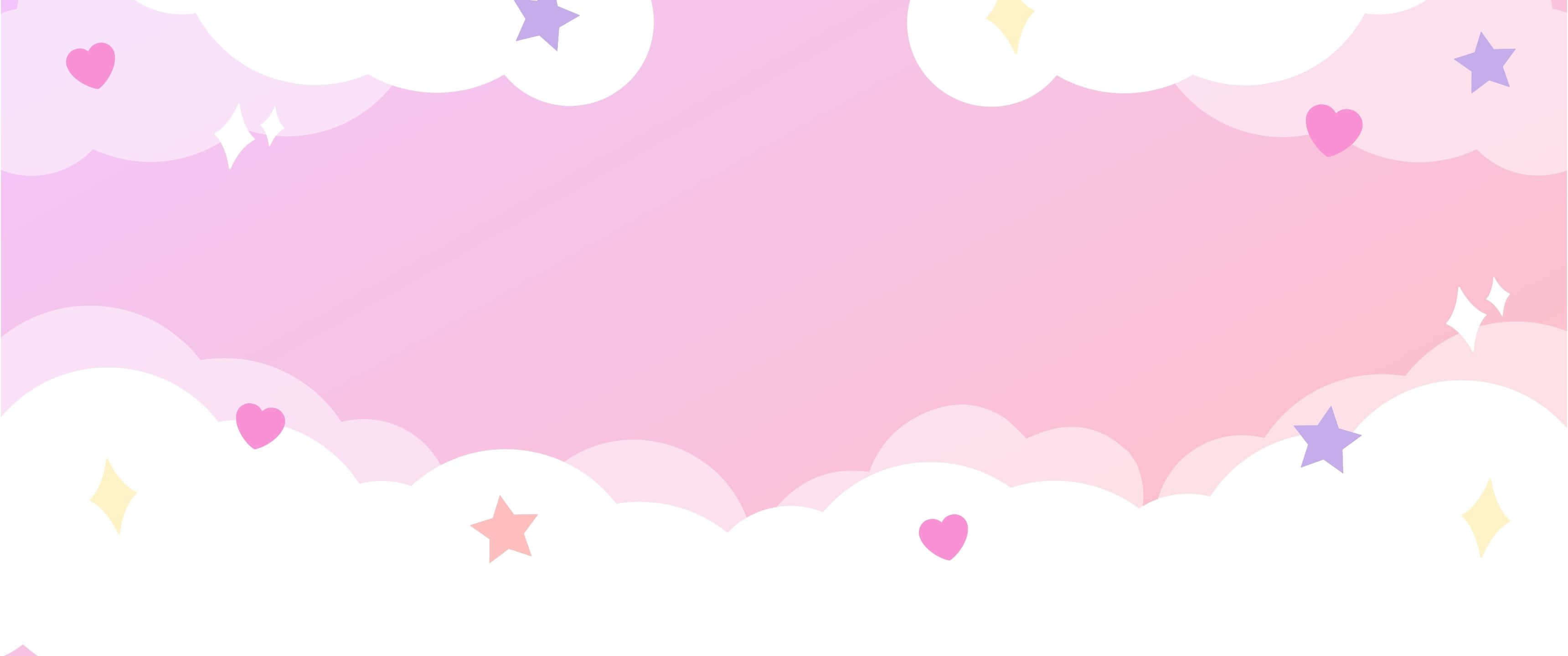 3440x1440 桌布 壁紙 — 柔和的粉紅色天空，由蓬鬆的白雲框住，散落著柔和色調的心形和星星。