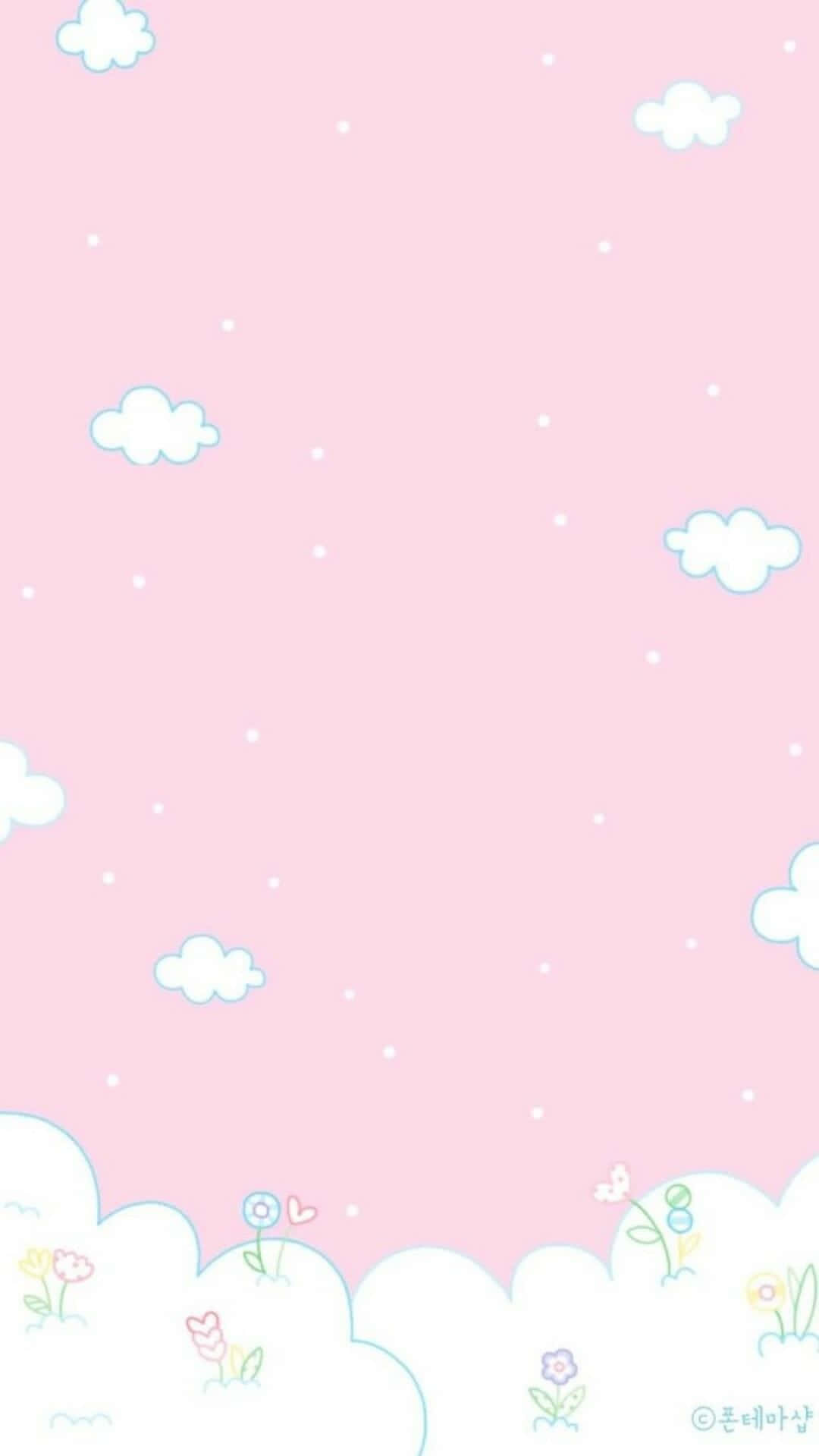 動畫 桌布 壁紙 — 柔和的粉紅色天空，白色雲朵，以及從蓬鬆雲邊探出頭來的小花。