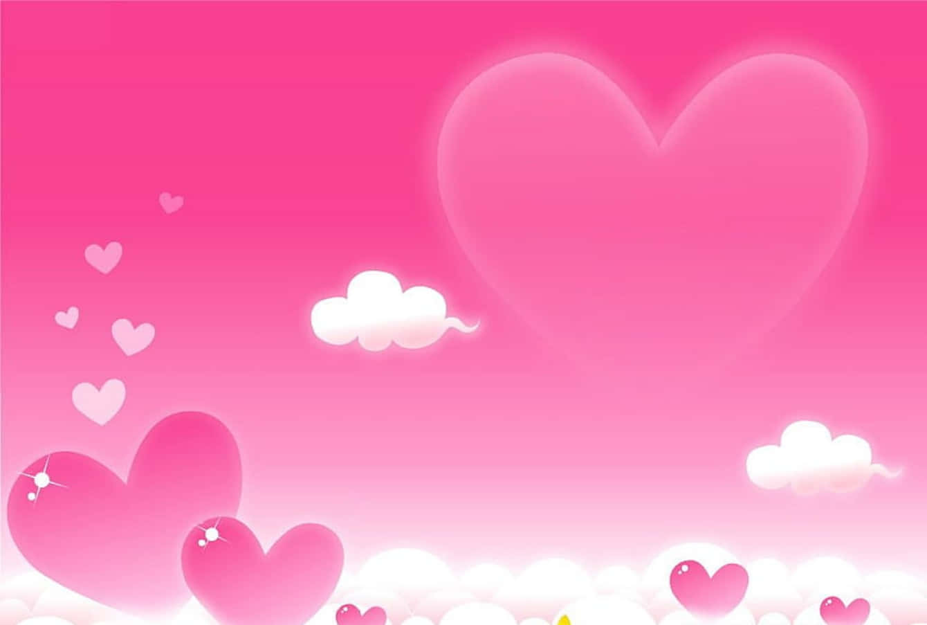 Cartoon Heart 桌布 壁紙 — 柔和的粉紅色天空充滿了發光的心形和蓬鬆的雲朵，營造出夢幻浪漫的氛圍。
