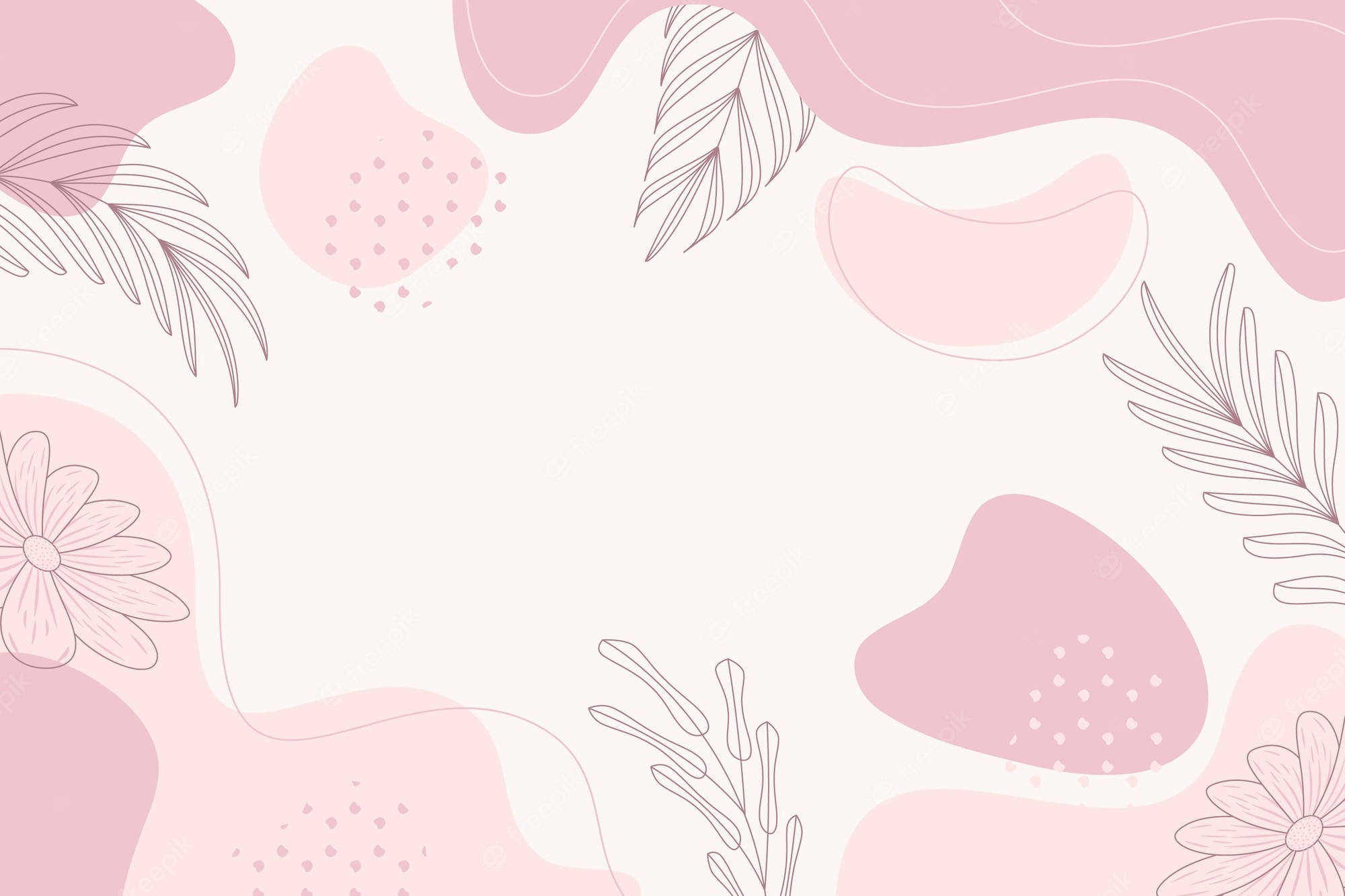 Flowers Aesthetic 桌布 壁紙 — 柔和的粉紅色抽象形狀和精緻的線條繪製葉子圍繞著奶油色背景上的空白中心。