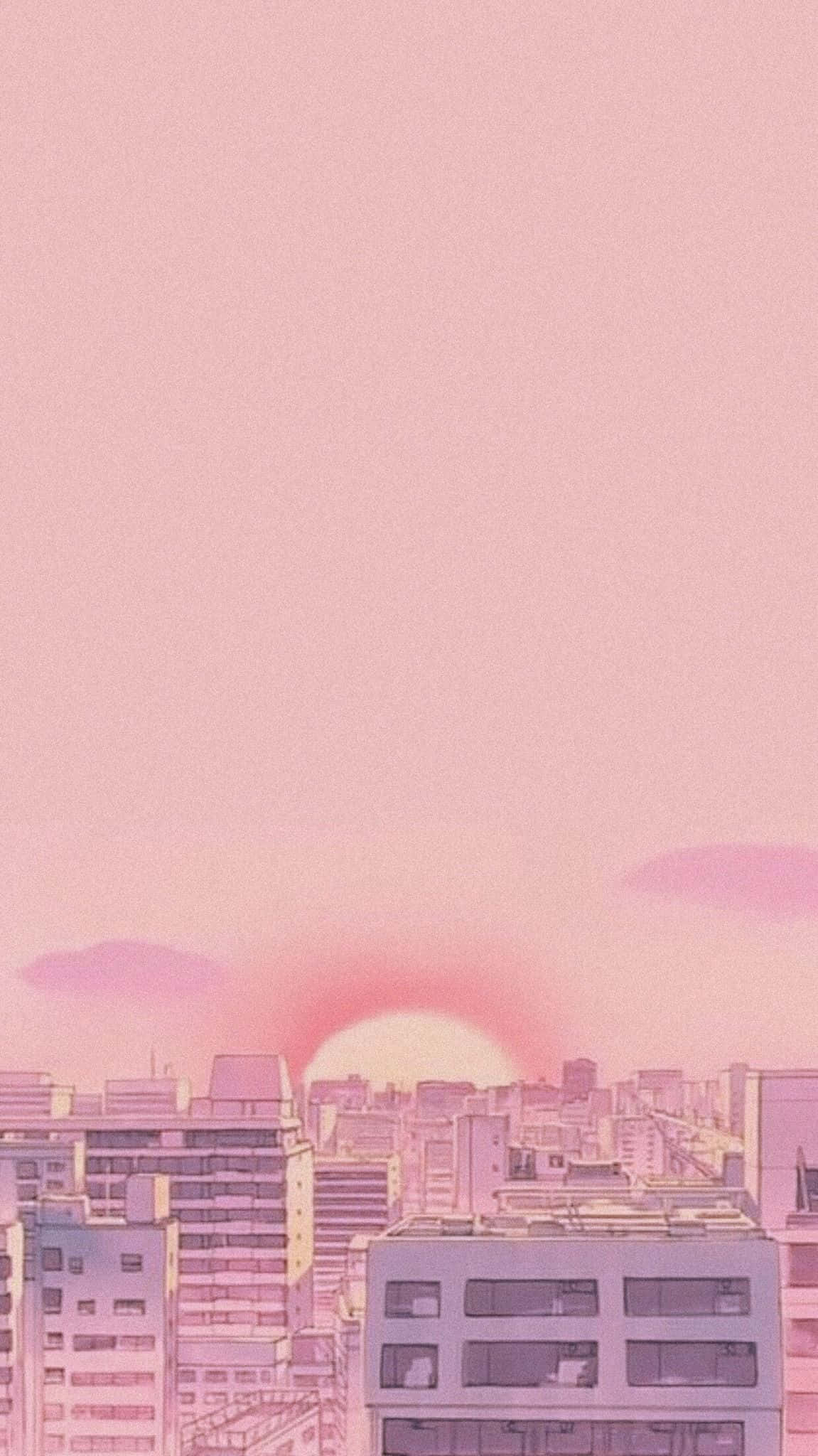 90s Anime Aesthetic 桌布 壁紙 — 柔和的粉紅色日落照耀著一個風格化的城市景觀，有粉彩建築和漂浮的雲朵。